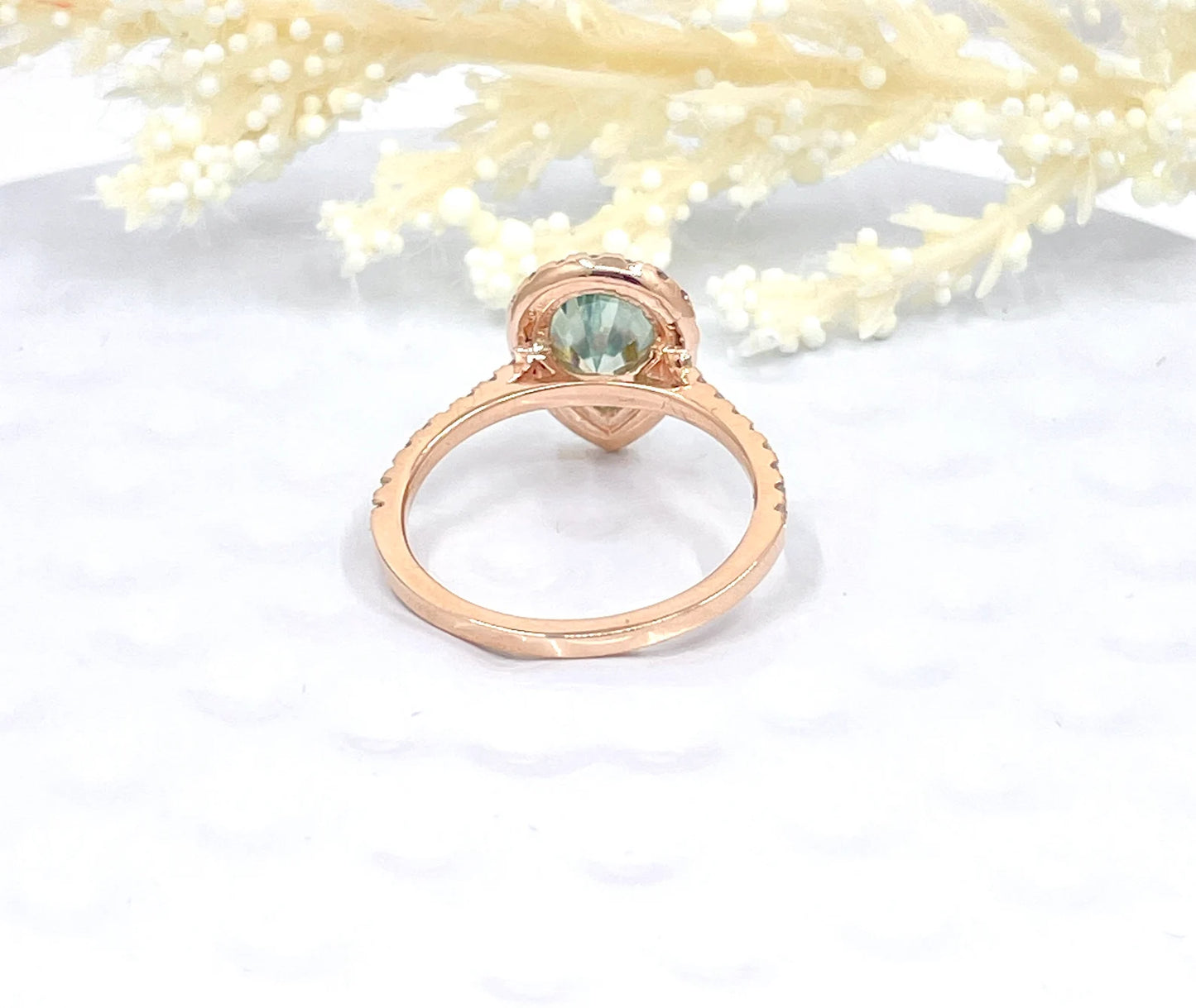 14k Rose Gold Aqua Blue Pear Moissanite Engagement Ring, Diamond Halo Engagement Ring, Pear Moissanite Ring, Anniversary Ring, Diamond Ring