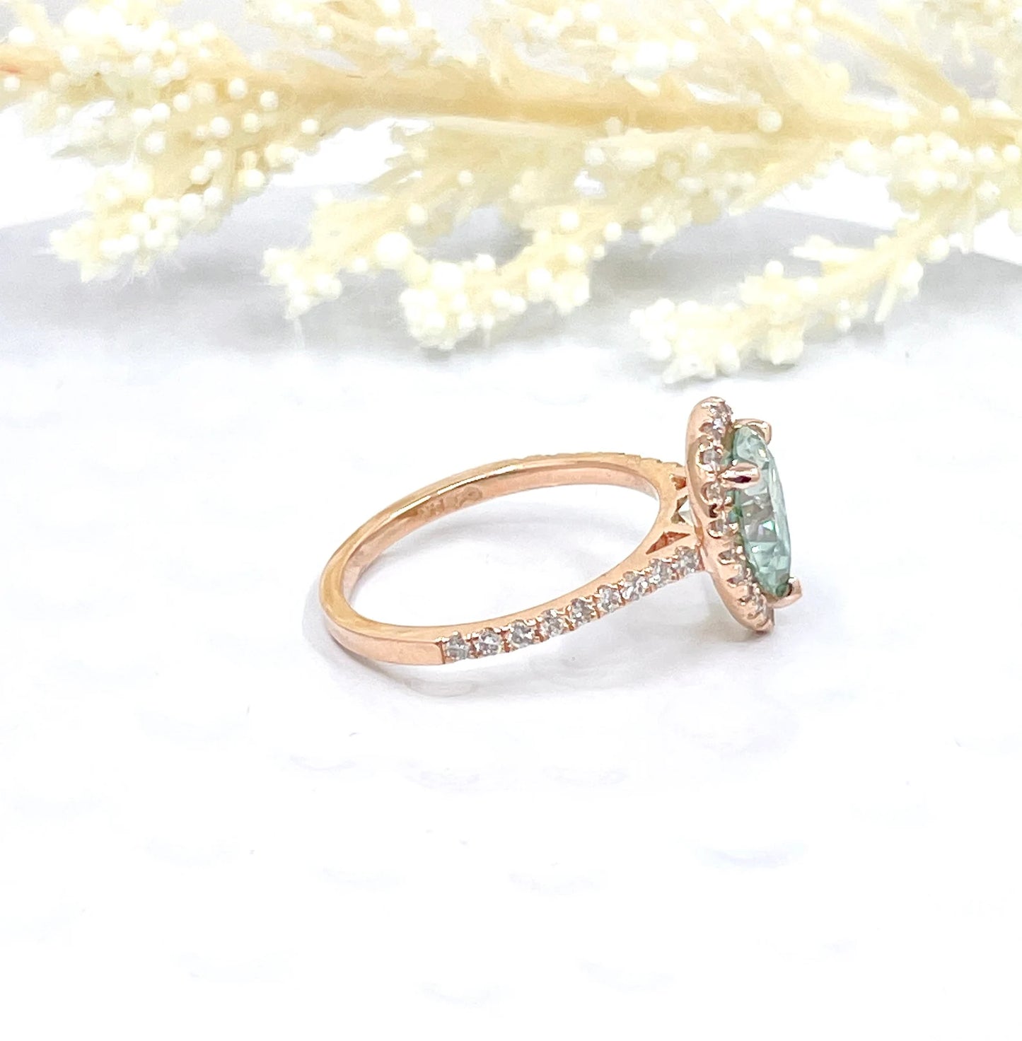 14k Rose Gold Aqua Blue Pear Moissanite Engagement Ring, Diamond Halo Engagement Ring, Pear Moissanite Ring, Anniversary Ring, Diamond Ring