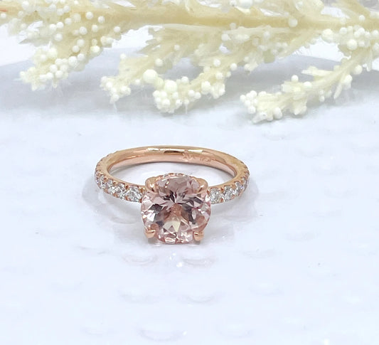 14k Rose Gold Diamond Ring Engagement Ring Morganite Ring 9mm/2.65 Carats Round Cut Morganite Scarf Hidden Pave Halo Diamond Wedding Ring