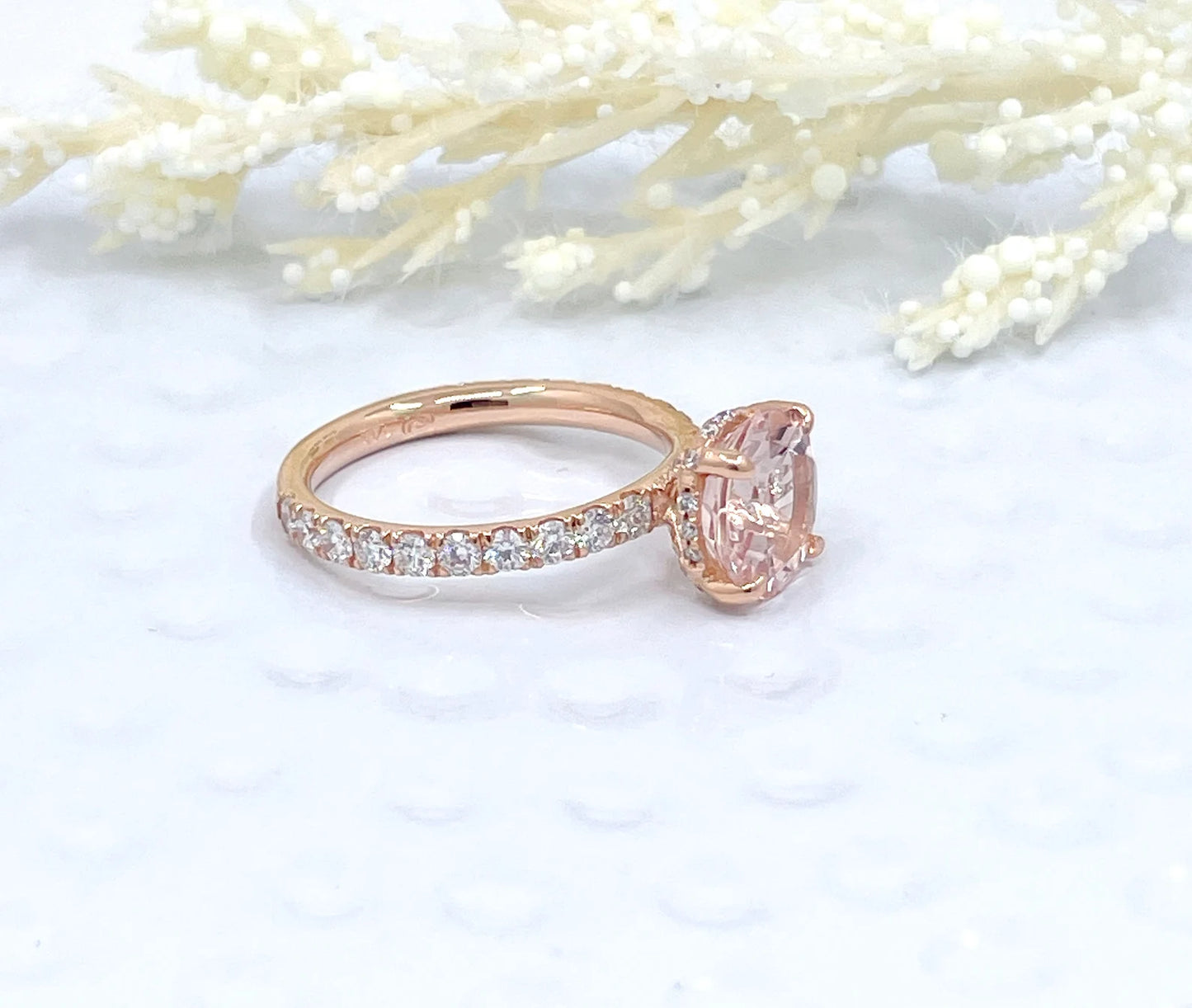 14k Rose Gold Diamond Ring Engagement Ring Morganite Ring 9mm/2.65 Carats Round Cut Morganite Scarf Hidden Pave Halo Diamond Wedding Ring