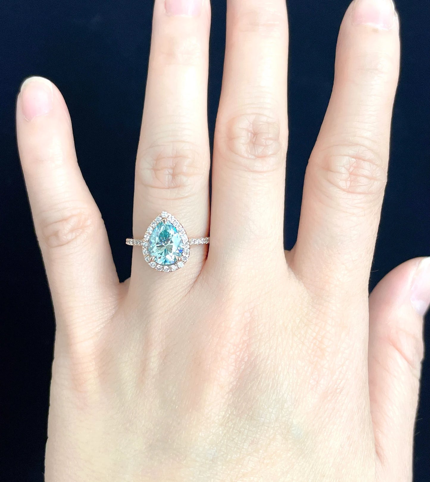 14k Rose Gold Aqua Blue Pear Moissanite Engagement Ring, Diamond Halo Engagement Ring, Pear Moissanite Ring, Anniversary Ring, Diamond Ring