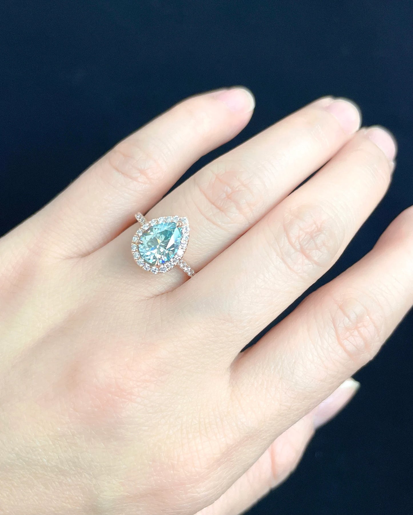 14k Rose Gold Aqua Blue Pear Moissanite Engagement Ring, Diamond Halo Engagement Ring, Pear Moissanite Ring, Anniversary Ring, Diamond Ring