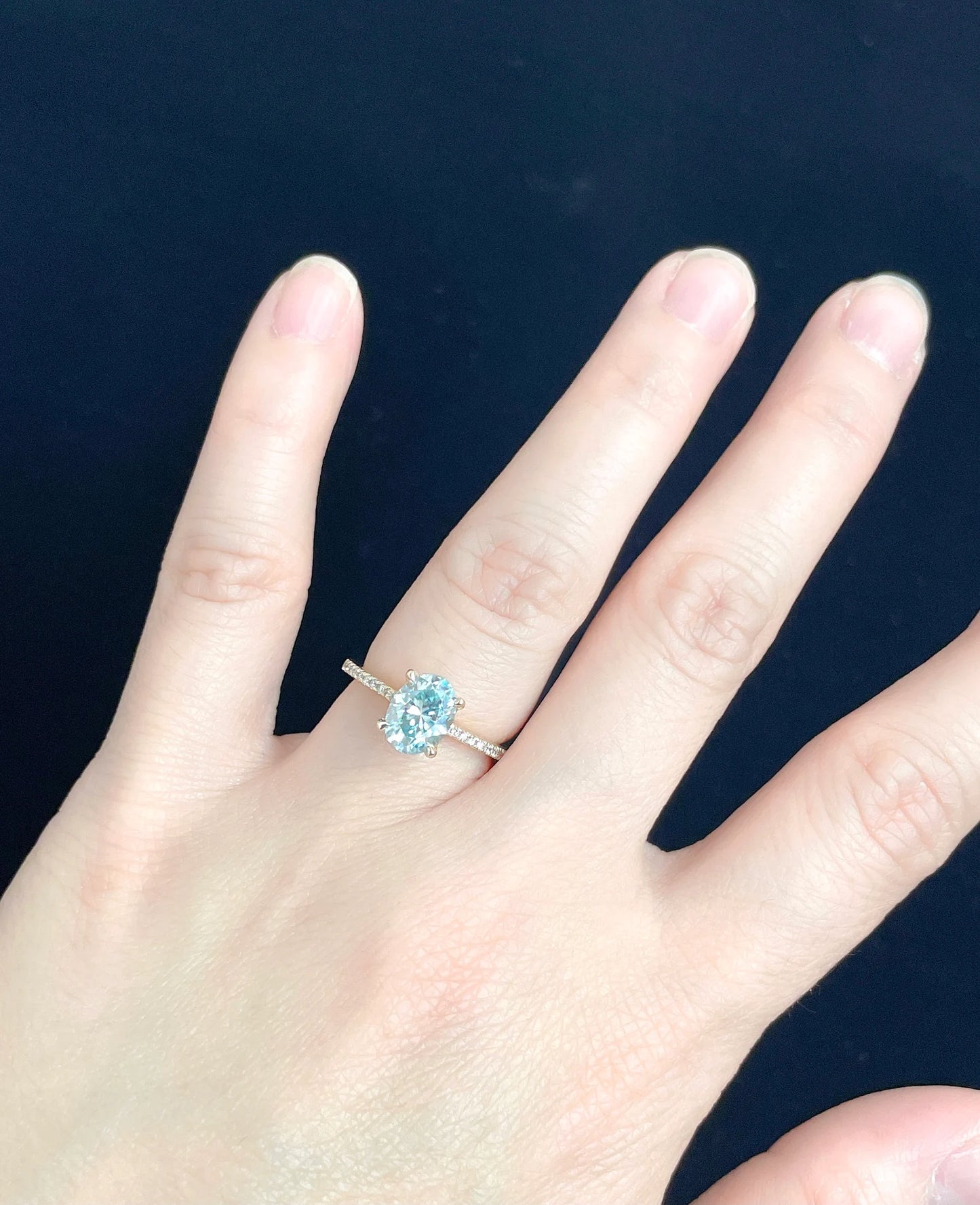 14k Yellow Gold Aqua Blue Moissanite Engagement Ring, Oval Cut Moissanite Ring, Diamond Wedding Band