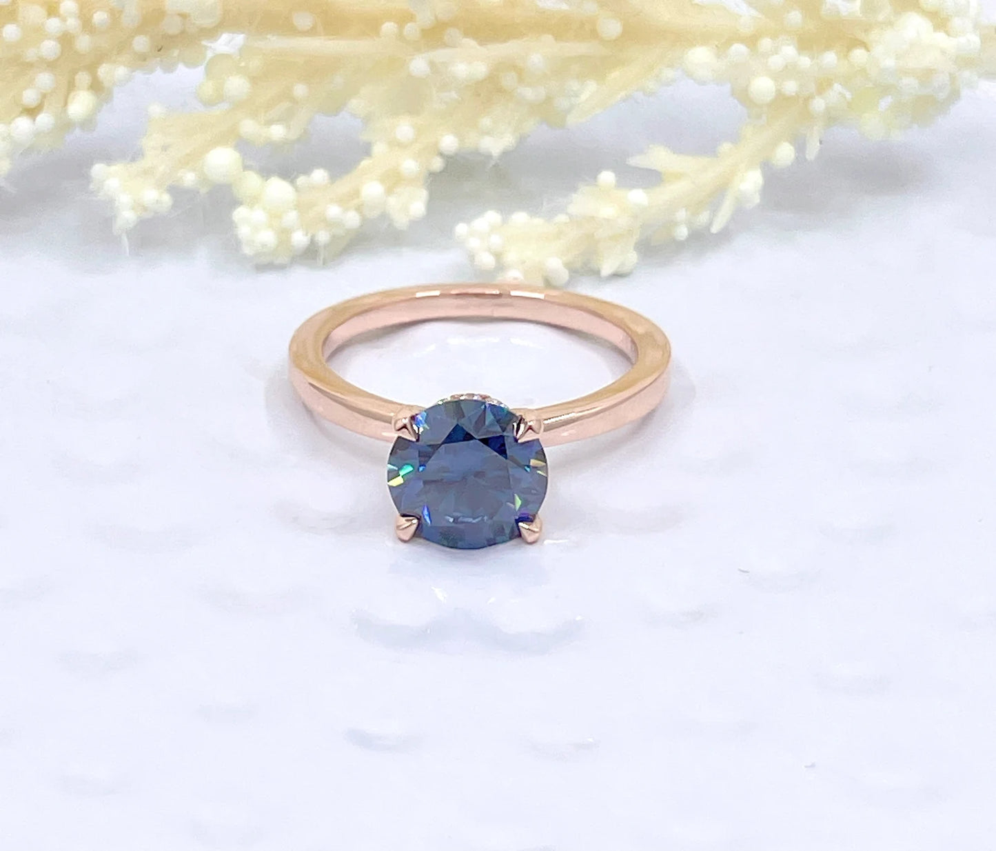 2 CT Round Cut Engagement Ring in 14k Rose Gold, Vivid Blue Moissanite Engagement Ring, Hidden Diamond Halo Solitaire Ring