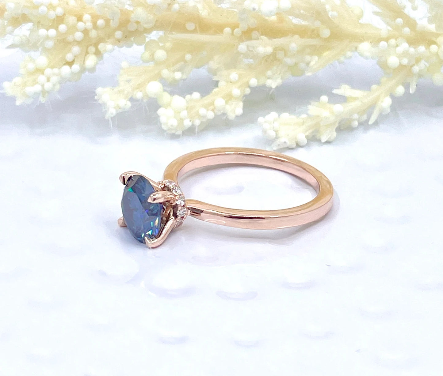 2 CT Round Cut Engagement Ring in 14k Rose Gold, Vivid Blue Moissanite Engagement Ring, Hidden Diamond Halo Solitaire Ring