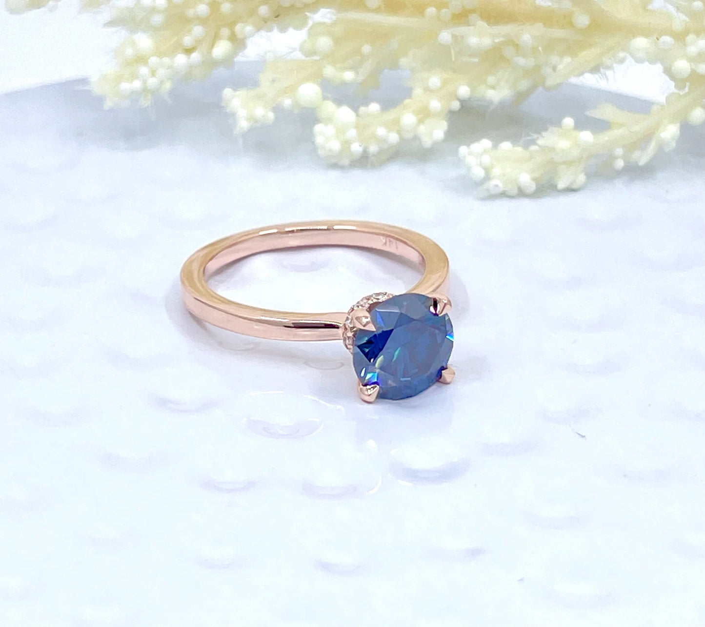 2 CT Round Cut Engagement Ring in 14k Rose Gold, Vivid Blue Moissanite Engagement Ring, Hidden Diamond Halo Solitaire Ring