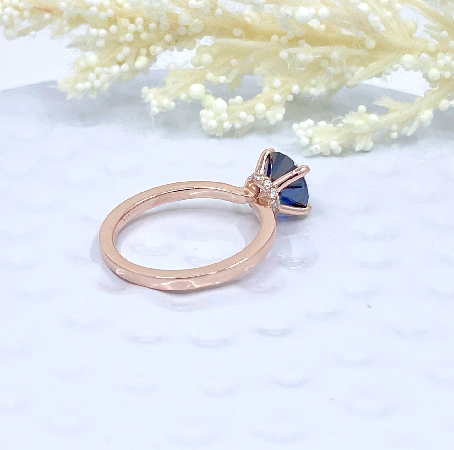 2 CT Round Cut Engagement Ring in 14k Rose Gold, Vivid Blue Moissanite Engagement Ring, Hidden Diamond Halo Solitaire Ring