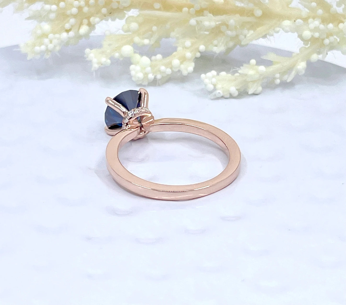 2 CT Round Cut Engagement Ring in 14k Rose Gold, Vivid Blue Moissanite Engagement Ring, Hidden Diamond Halo Solitaire Ring