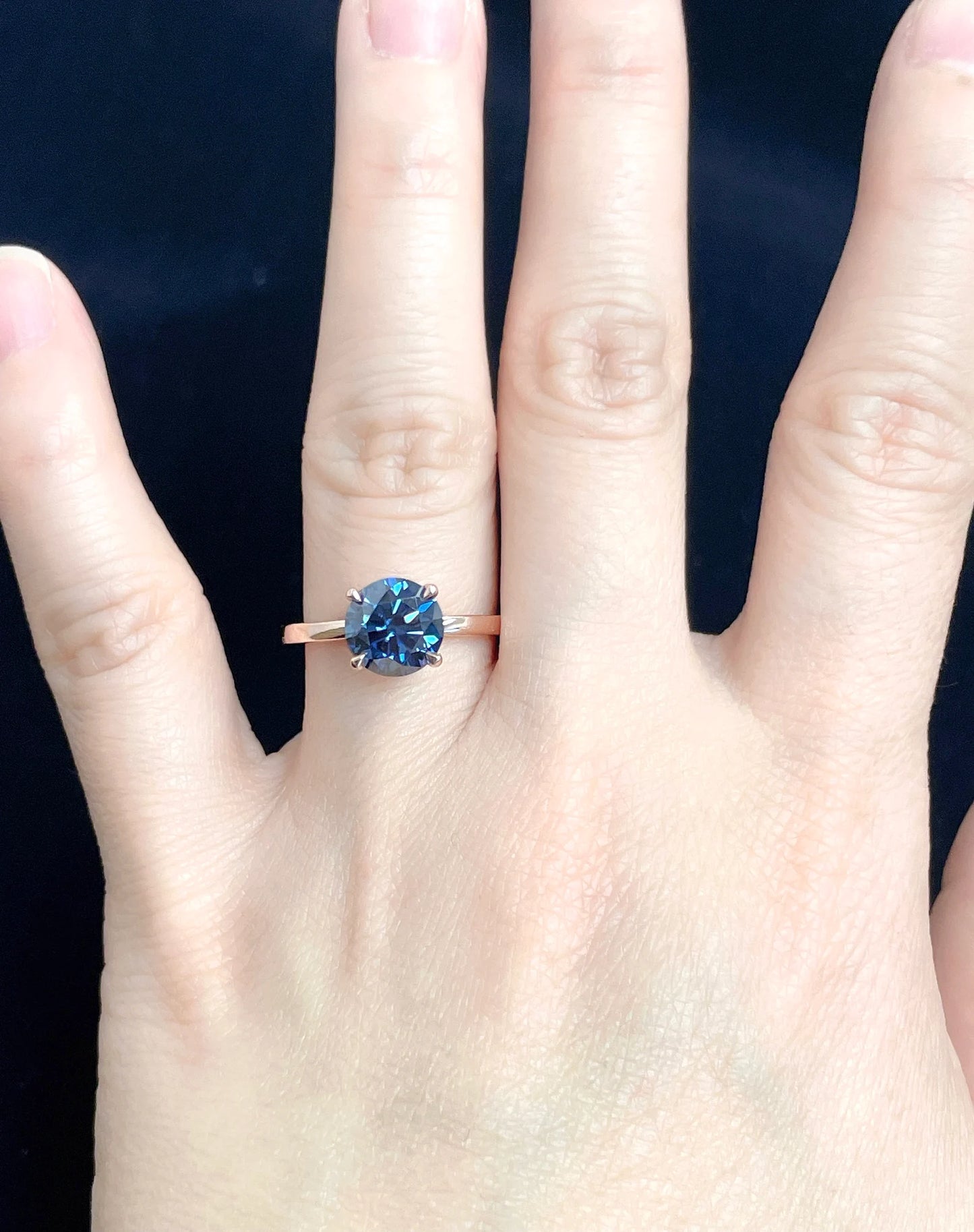 2 CT Round Cut Engagement Ring in 14k Rose Gold, Vivid Blue Moissanite Engagement Ring, Hidden Diamond Halo Solitaire Ring