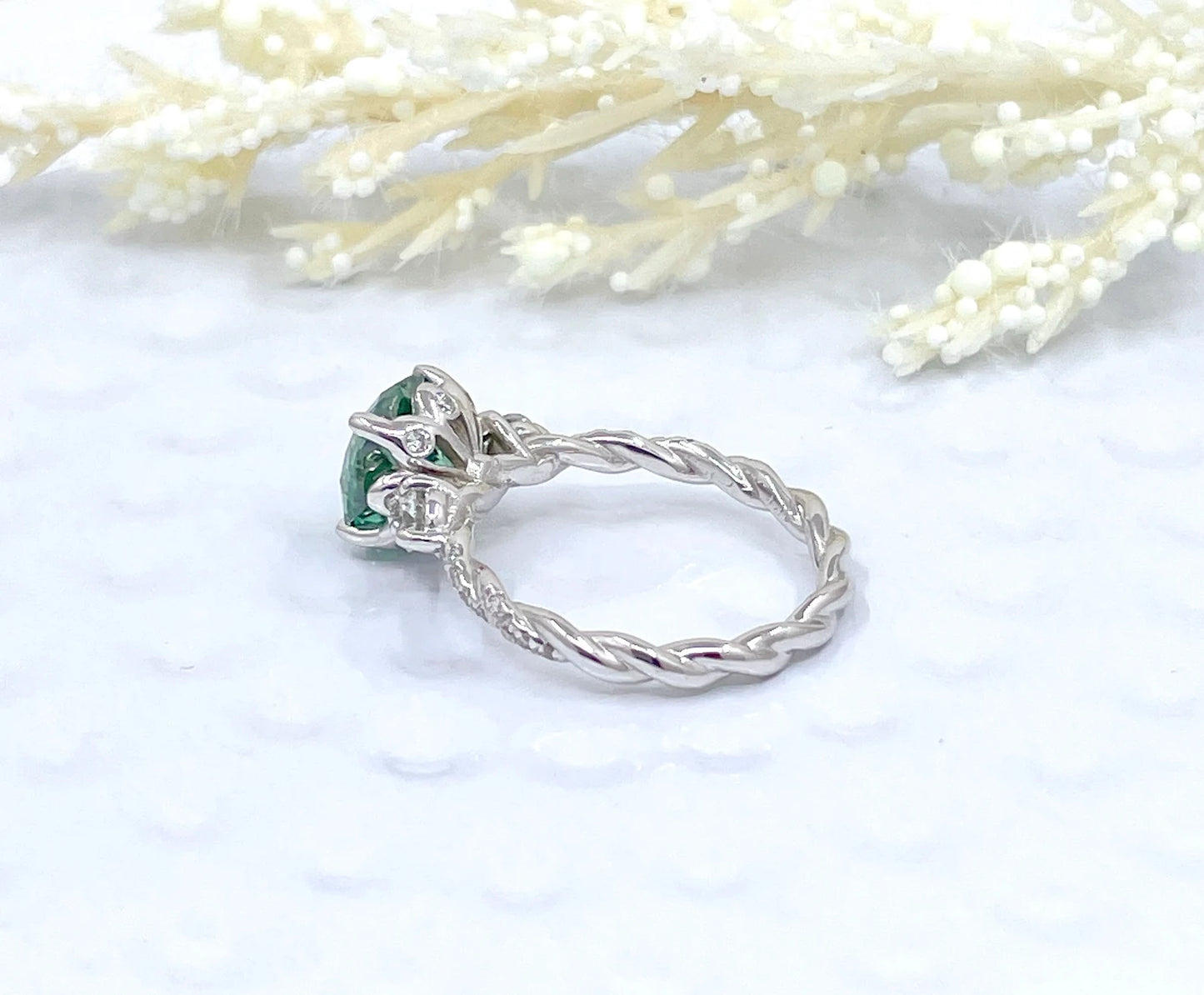 14k White Gold Round Cut Moissanite Engagement Ring, 1.25 CT or 2 CT Round Cut Green Moissanite Engagement Ring, Anniversary Ring