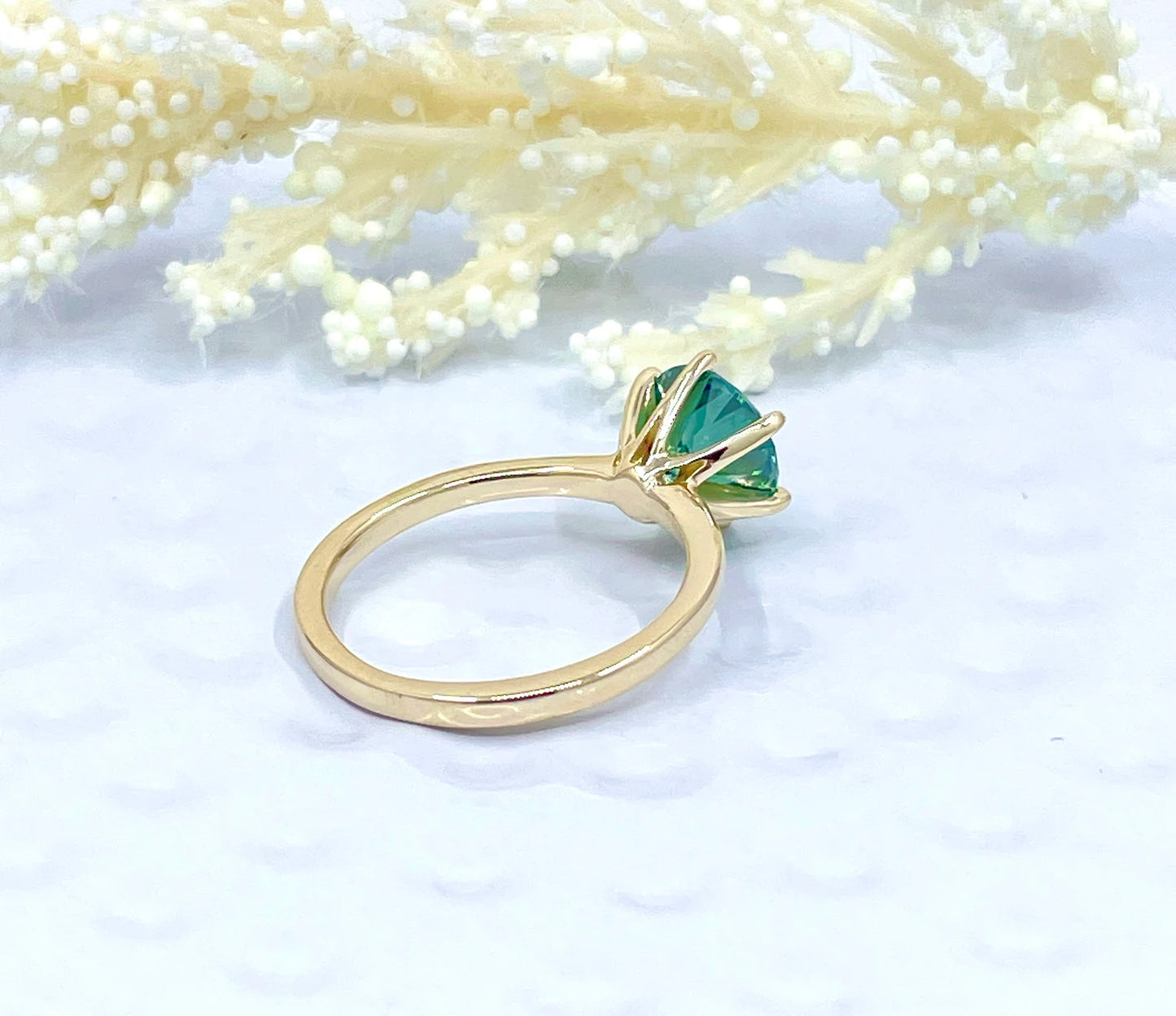 2 CT Round Cut Engagement Ring in 14k Yellow Gold, Green Moissanite Solitaire Ring, Round Moissanite Engagement Ring, Anniversary Ring