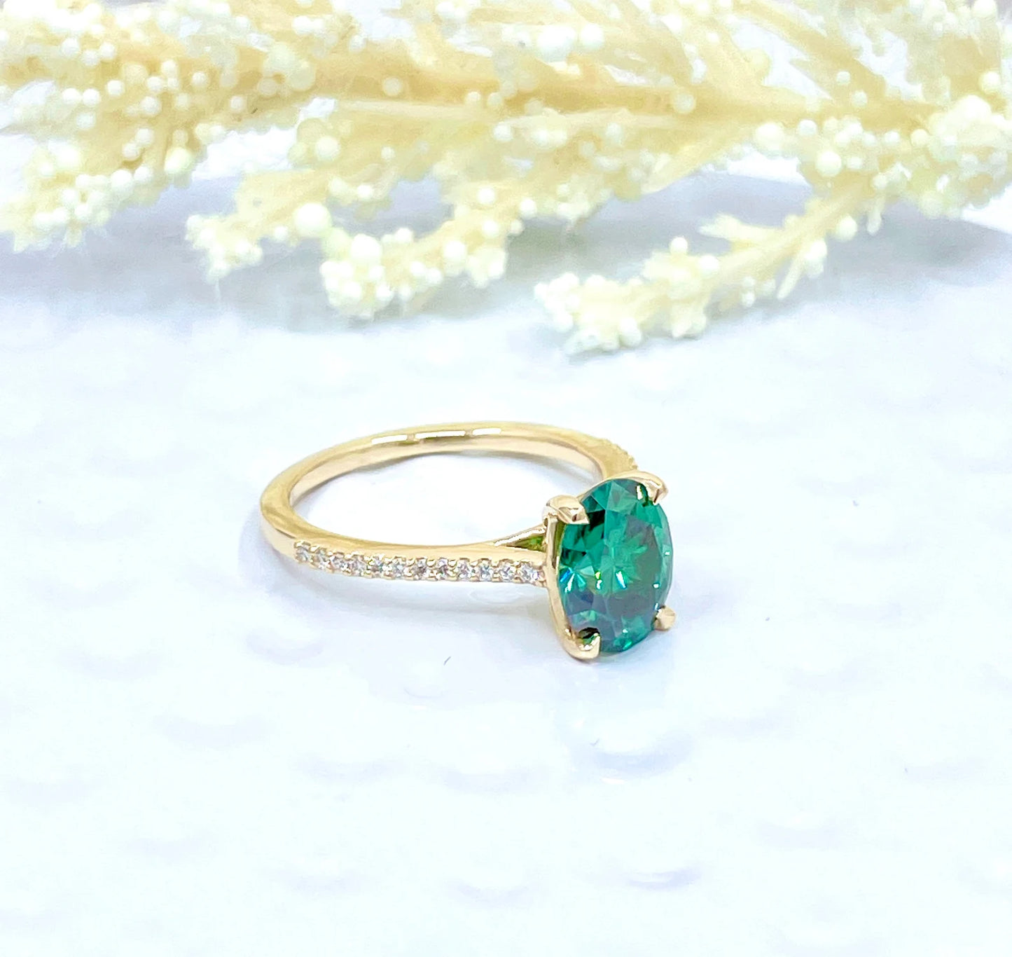 2 CT Oval Cut Engagement Ring 14k Yellow Gold, Green Moissanite Engagement Ring, Diamond Wedding Ring, Moissanite Anniversary Ring