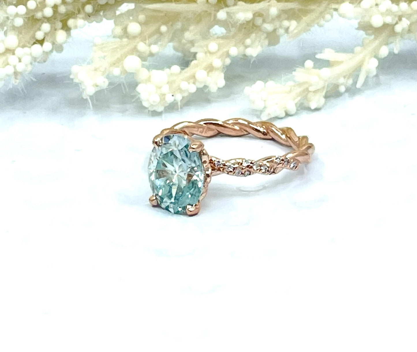 2cts or 3cts Oval Cut Moissanite Engagement Ring in 14k Rose Gold, Aqua Blue Moissanite Ring, Oval Cut Ring, Oval Cut Engagement Ring