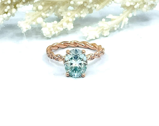 2cts or 3cts Oval Cut Moissanite Engagement Ring in 14k Rose Gold, Aqua Blue Moissanite Ring, Oval Cut Ring, Oval Cut Engagement Ring