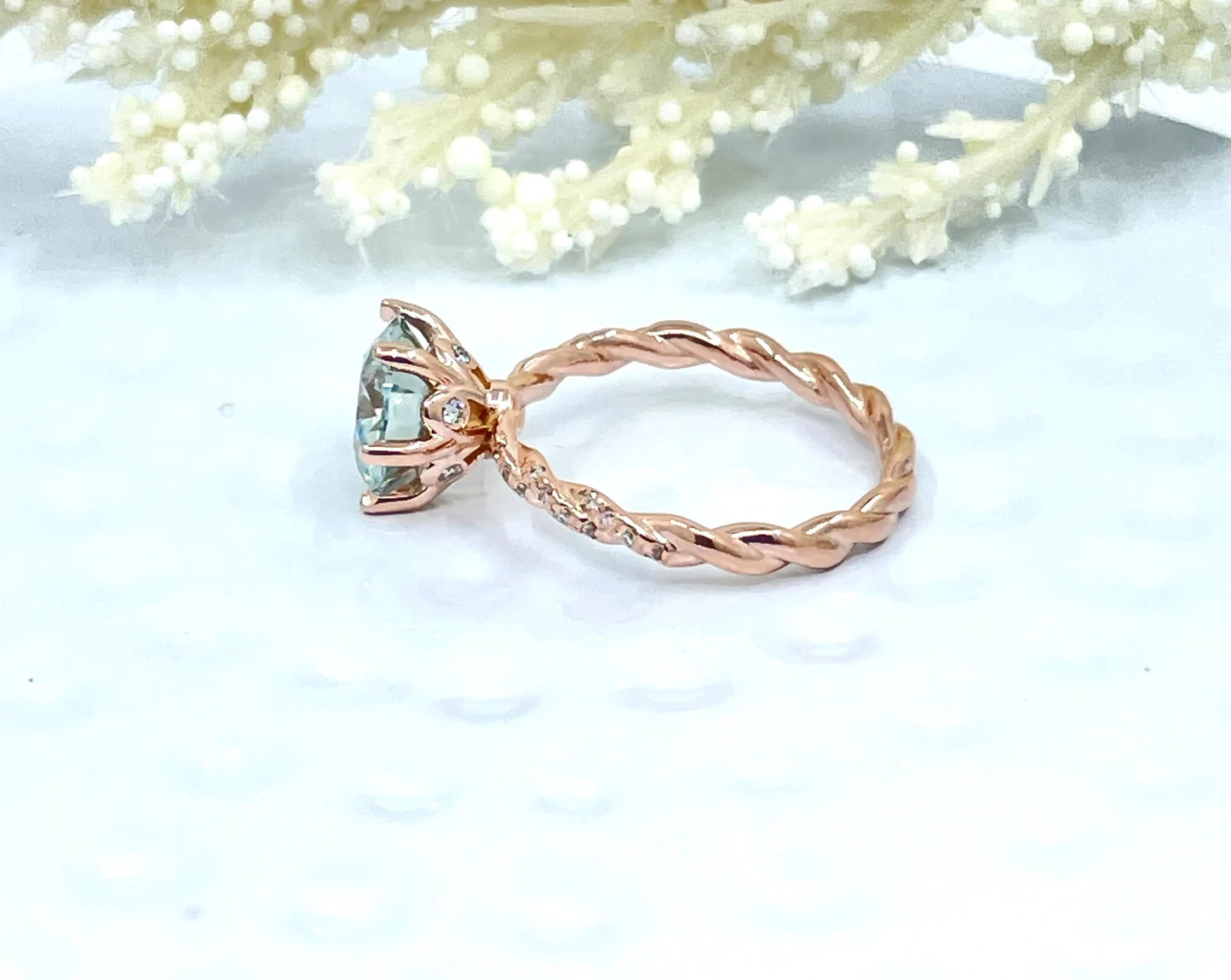 14k Rose Gold Round Cut Engagement Ring, 2 CT Round Aqua Blue Moissanite Wedding Ring, Diamond Anniversary Ring