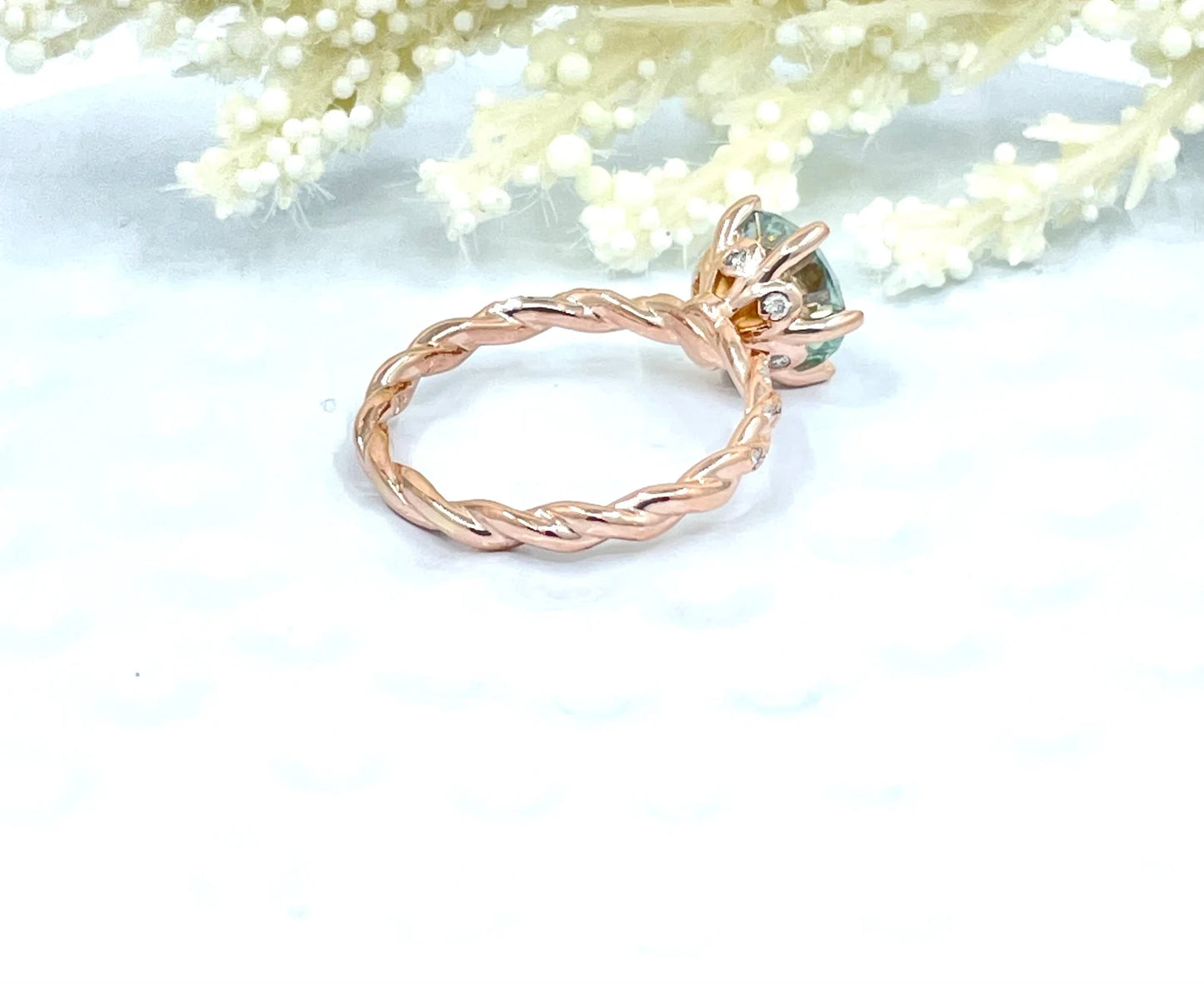 14k Rose Gold Round Cut Engagement Ring, 2 CT Round Aqua Blue Moissanite Wedding Ring, Diamond Anniversary Ring