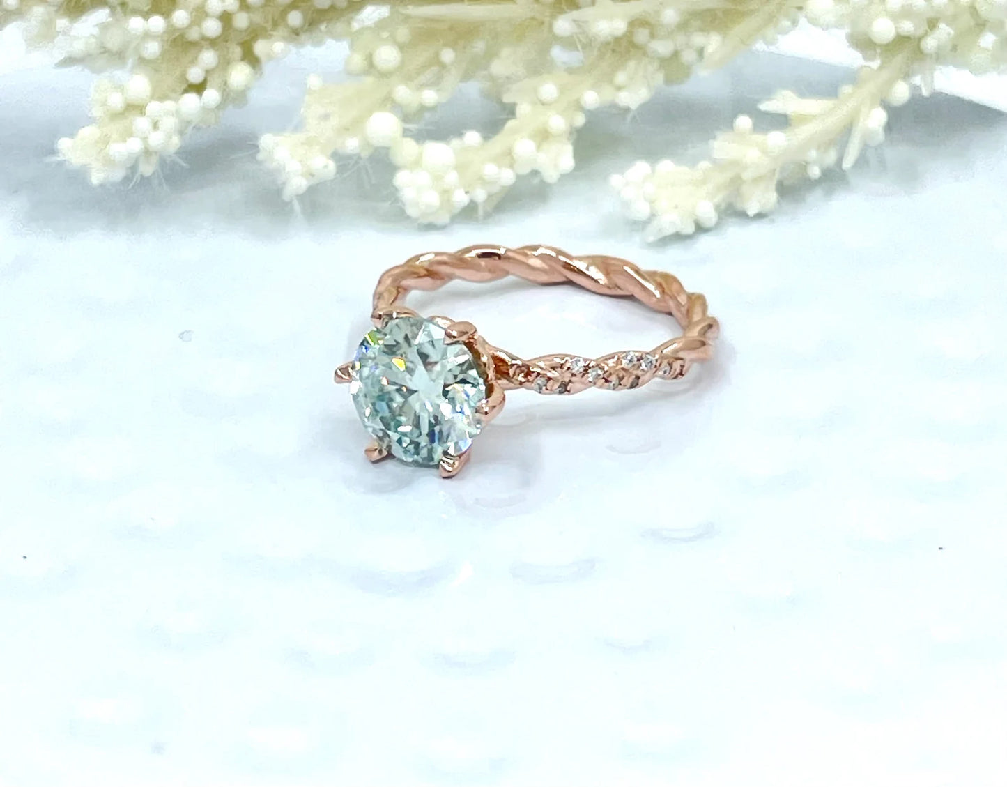 14k Rose Gold Round Cut Engagement Ring, 2 CT Round Aqua Blue Moissanite Wedding Ring, Diamond Anniversary Ring