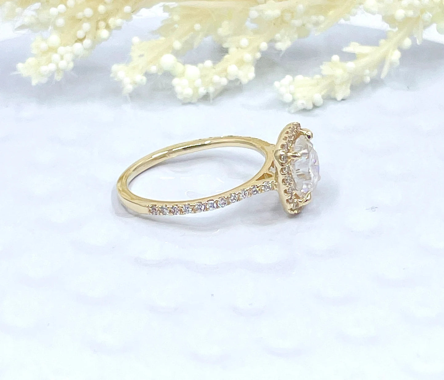 Cushion Cut Engagement Ring Solid 14k Yellow Gold, Cushion Engagement Ring, Forever One D-F Color Moissanite, Diamond Halo Engagement Ring