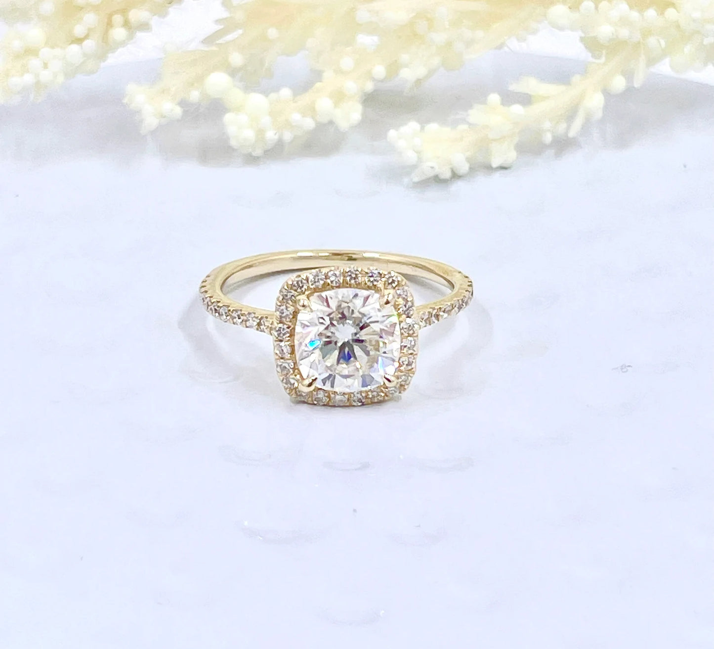 Cushion Cut Engagement Ring Solid 14k Yellow Gold, Cushion Engagement Ring, Forever One D-F Color Moissanite, Diamond Halo Engagement Ring