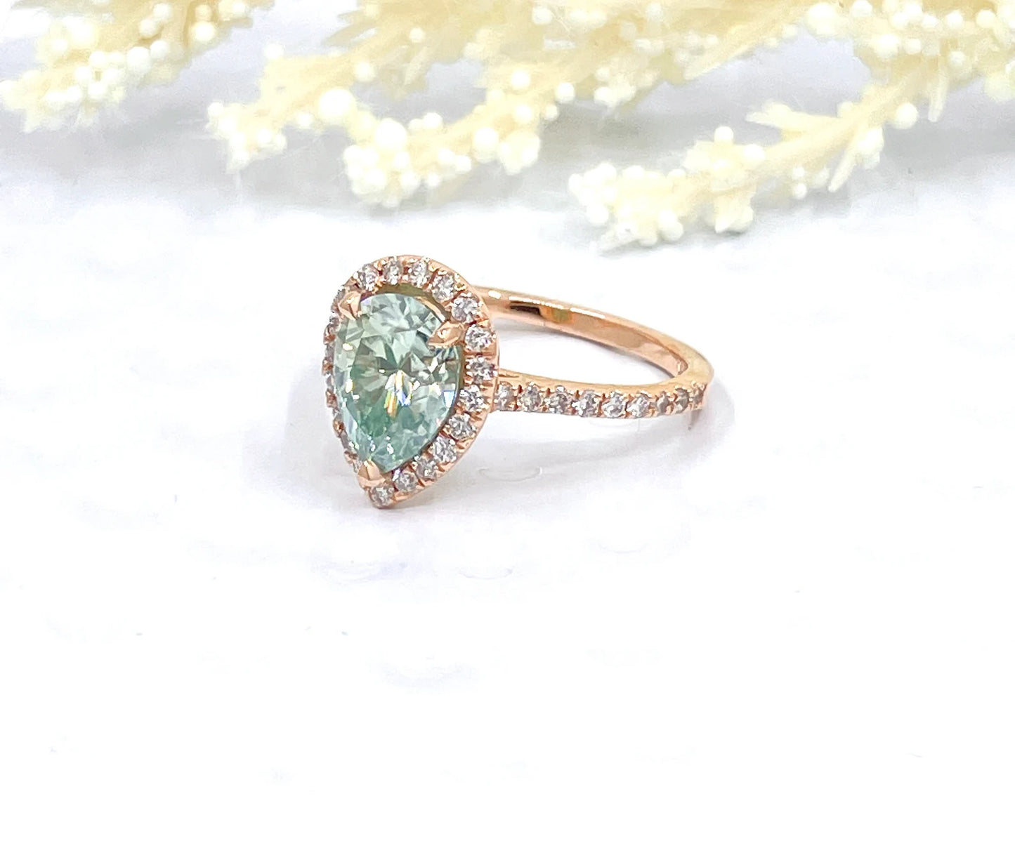 14k Rose Gold Aqua Blue Pear Moissanite Engagement Ring, Diamond Halo Engagement Ring, Pear Moissanite Ring, Anniversary Ring, Diamond Ring