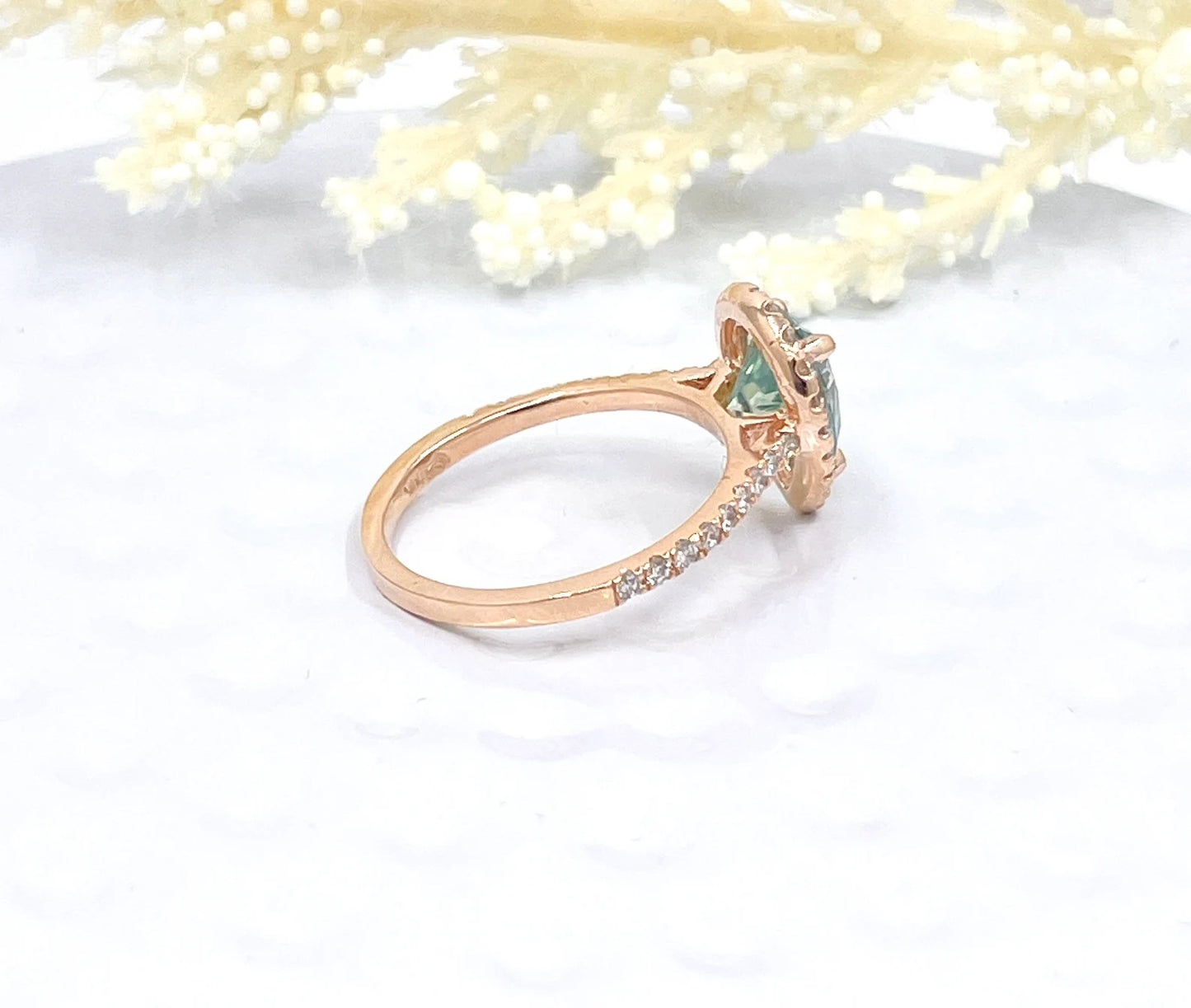 14k Rose Gold Aqua Blue Pear Moissanite Engagement Ring, Diamond Halo Engagement Ring, Pear Moissanite Ring, Anniversary Ring, Diamond Ring