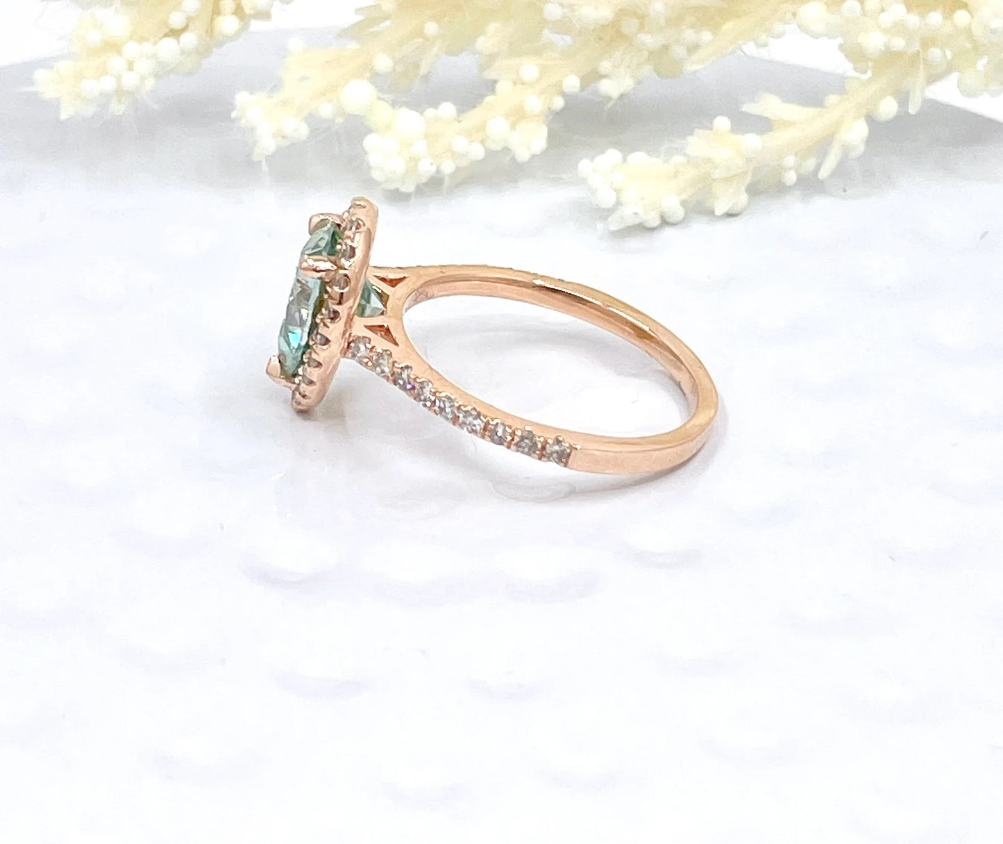 14k Rose Gold Aqua Blue Pear Moissanite Engagement Ring, Diamond Halo Engagement Ring, Pear Moissanite Ring, Anniversary Ring, Diamond Ring