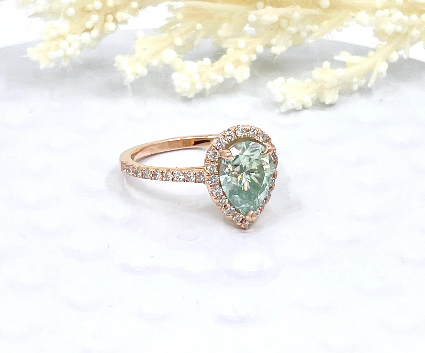 14k Rose Gold Aqua Blue Pear Moissanite Engagement Ring, Diamond Halo Engagement Ring, Pear Moissanite Ring, Anniversary Ring, Diamond Ring