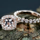 Morganite Bridal Set In 14K Rose Gold, Morganite Cushion Engagement Ring, Cushion Diamond Halo Ring