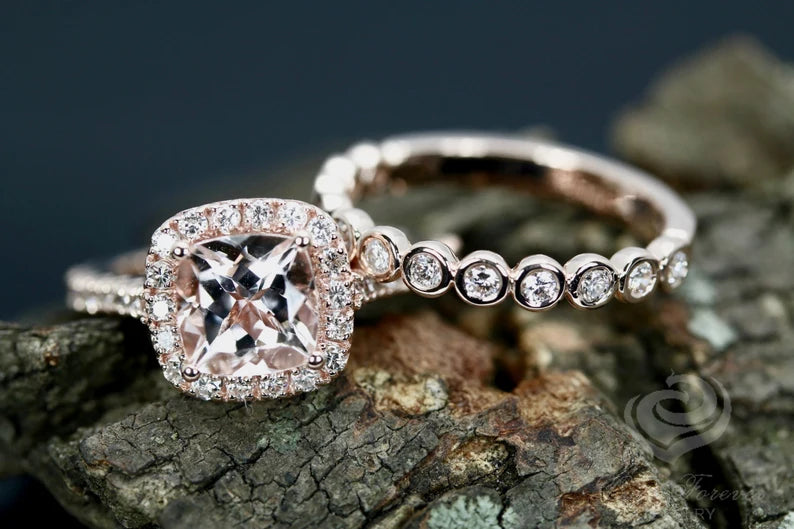 Morganite Bridal Set In 14K Rose Gold, Morganite Cushion Engagement Ring, Cushion Diamond Halo Ring