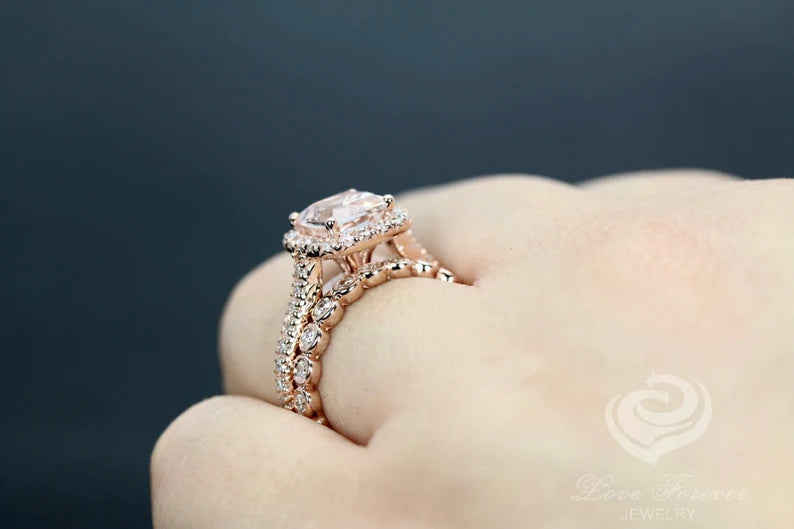 Morganite Bridal Set In 14K Rose Gold, Morganite Cushion Engagement Ring, Cushion Diamond Halo Ring