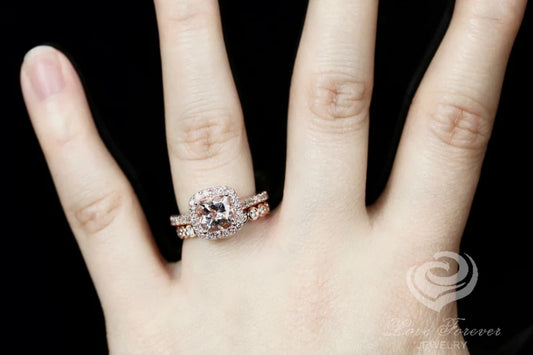 Morganite Bridal Set In 14K Rose Gold, Morganite Cushion Engagement Ring, Cushion Diamond Halo Ring