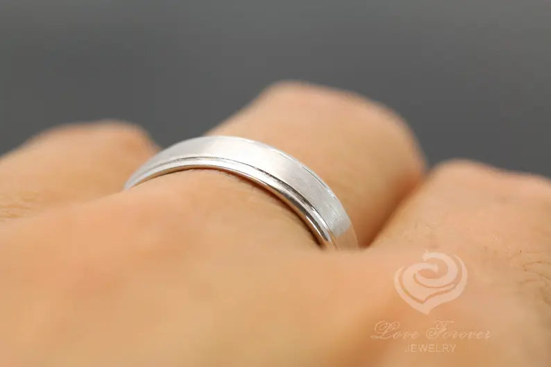 6mm Men Wedding Band 14k White Gold, Satin Finish Matching Wedding Band