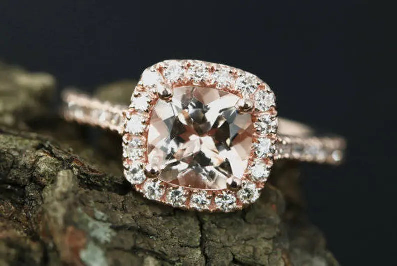 Morganite Bridal Set In 14K Rose Gold, Morganite Cushion Engagement Ring, Cushion Diamond Halo Ring