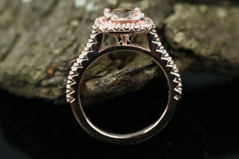 Morganite Bridal Set In 14K Rose Gold, Morganite Cushion Engagement Ring, Cushion Diamond Halo Ring