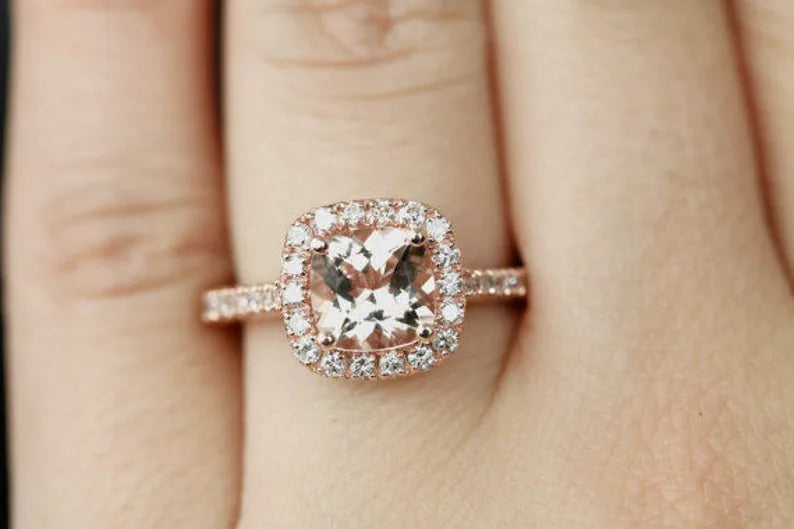 Morganite Bridal Set In 14K Rose Gold, Morganite Cushion Engagement Ring, Cushion Diamond Halo Ring