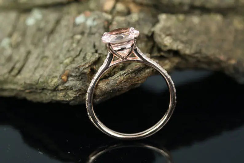 Morganite Engagement Ring Set In 14K Rose Gold, Morganite Round Engagement Ring, Rose Gold Morganite Bridal Set, Morganite Ring Diamond Set