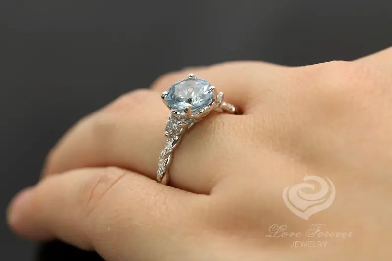 14k White Gold Diamond Ring Engagement Ring 8mm/1.85 Carats Round Cut Dark Blue Aquamarine Diamond Anniversary Ring