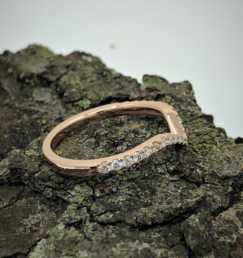 14k Gold Curved Diamond Wedding Band, Matching Band, Half Eternity Diamond Band, Stackable Band, Anniversary Ring, Diamond Band