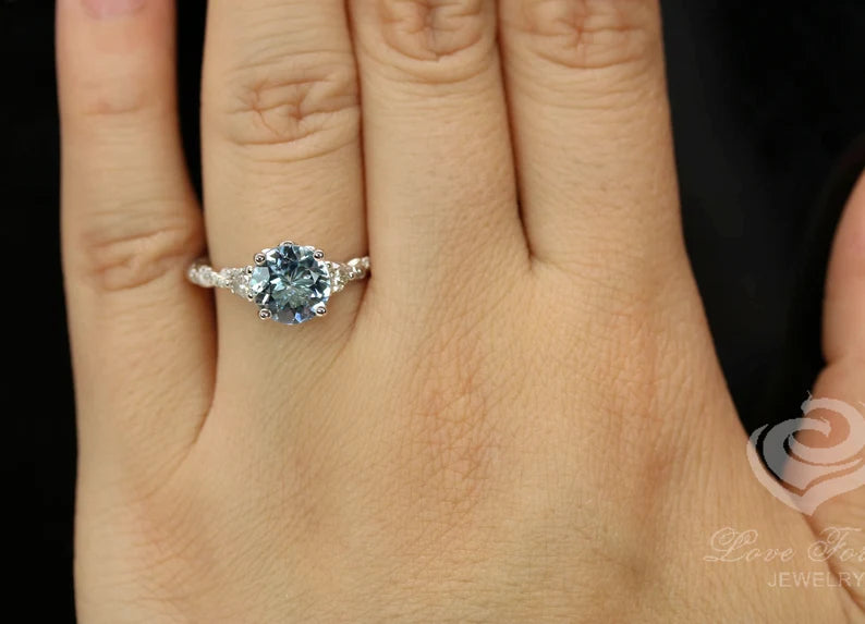 14k White Gold Diamond Ring Engagement Ring 8mm/1.85 Carats Round Cut Dark Blue Aquamarine Diamond Anniversary Ring