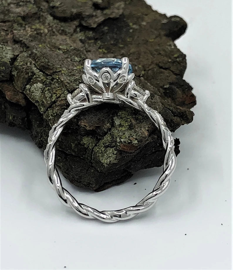 14k White Gold Diamond Ring Engagement Ring 8mm/1.85 Carats Round Cut Dark Blue Aquamarine Diamond Anniversary Ring