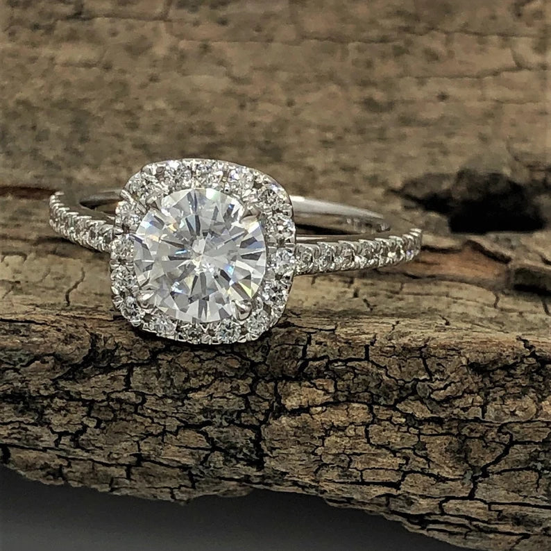 Round Moissanite Engagement Ring in 14k White Gold, Forever One D-F Color Moissanite Engagement Ring, Halo Diamond Engagement Ring