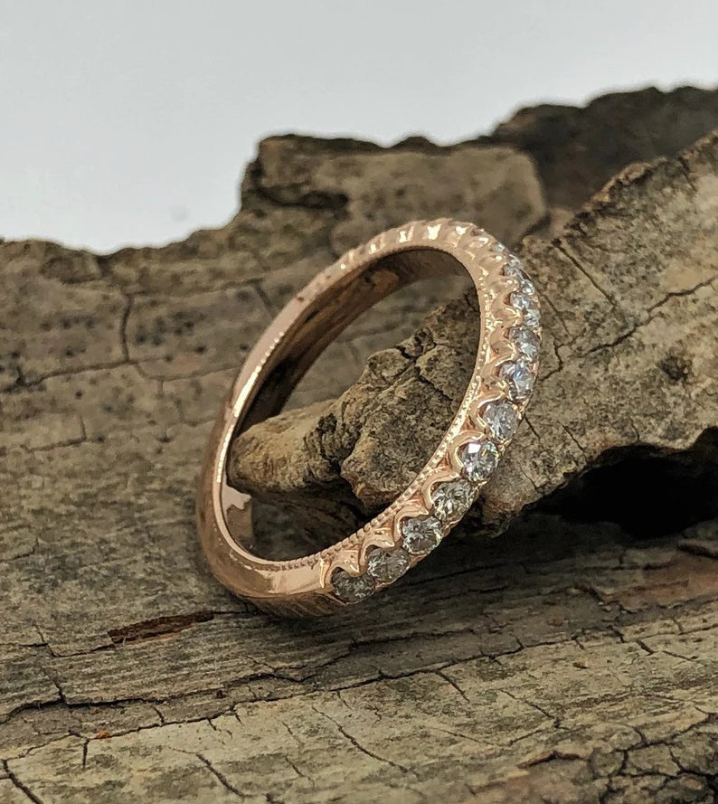 Rose Gold Wedding Band, 14k Rose Gold Diamond Band, Diamond Wedding Band, Diamond Wedding Band, Milgrain Band, Stackable Band