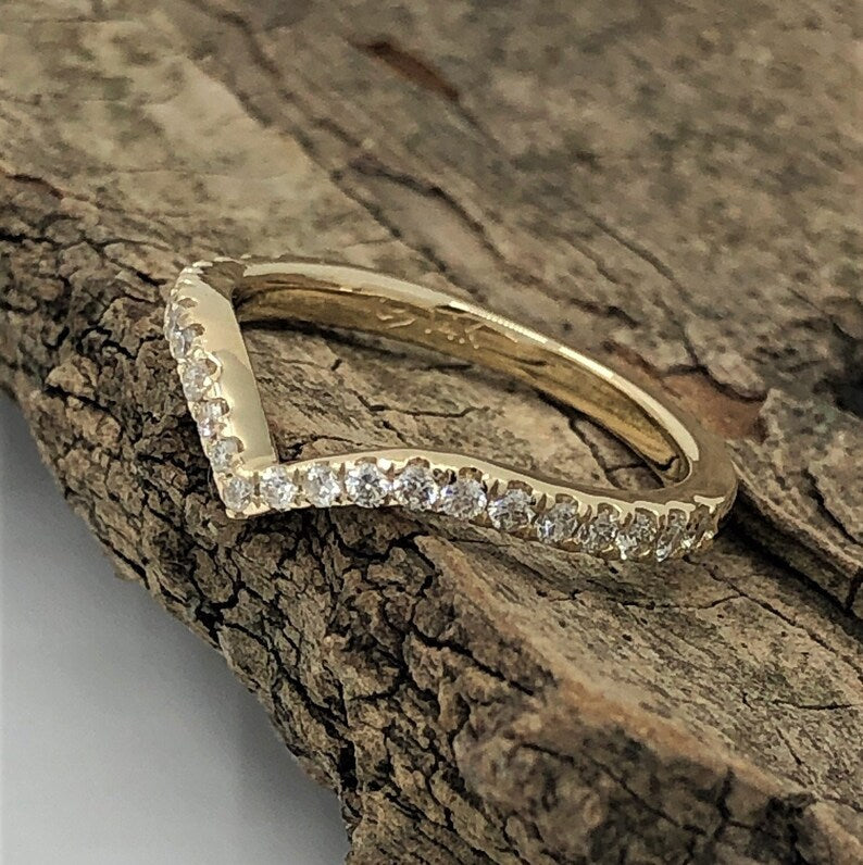 14k Gold Curved Diamond Wedding Band, Matching Band, Half Eternity Diamond Band, Stackable Band, Anniversary Ring, Diamond Band