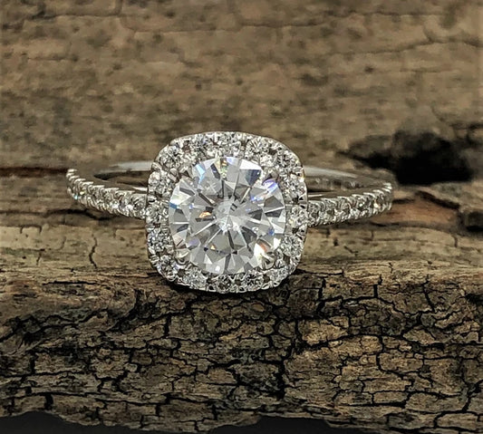 Round Moissanite Engagement Ring in 14k White Gold, Forever One D-F Color Moissanite Engagement Ring, Halo Diamond Engagement Ring