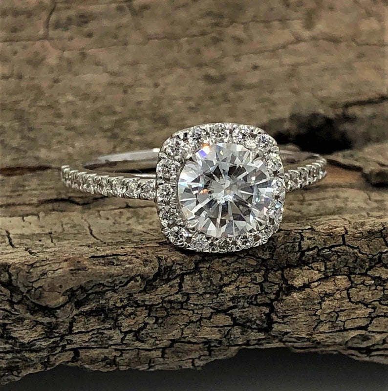 Round Moissanite Engagement Ring in 14k White Gold, Forever One D-F Color Moissanite Engagement Ring, Halo Diamond Engagement Ring