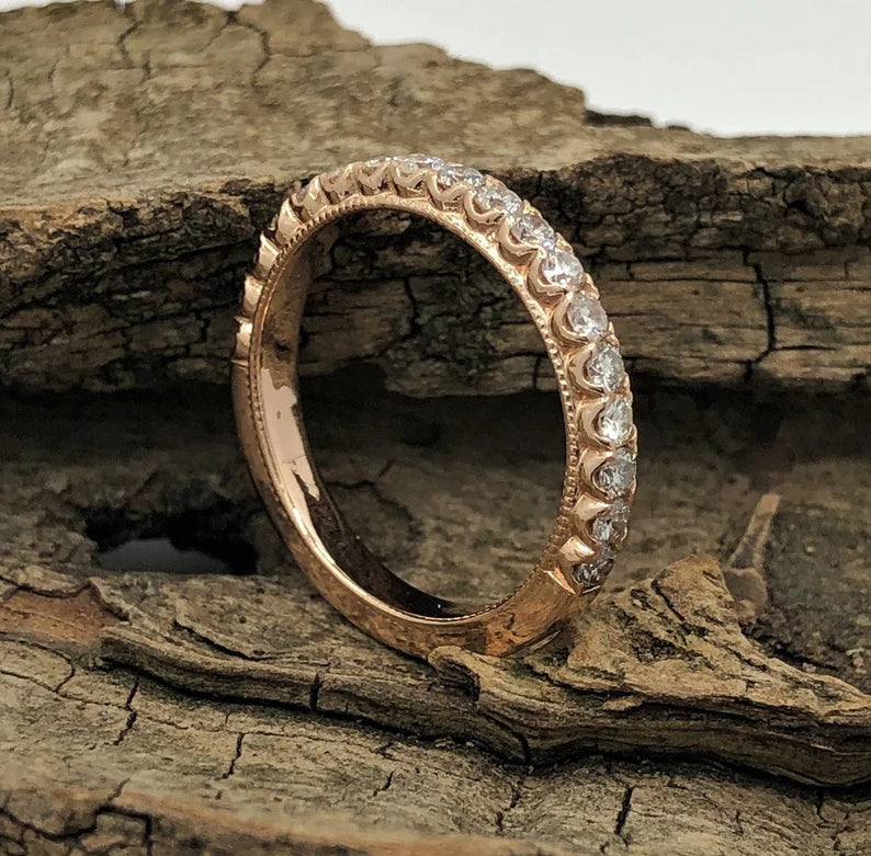 Rose Gold Wedding Band, 14k Rose Gold Diamond Band, Diamond Wedding Band, Diamond Wedding Band, Milgrain Band, Stackable Band