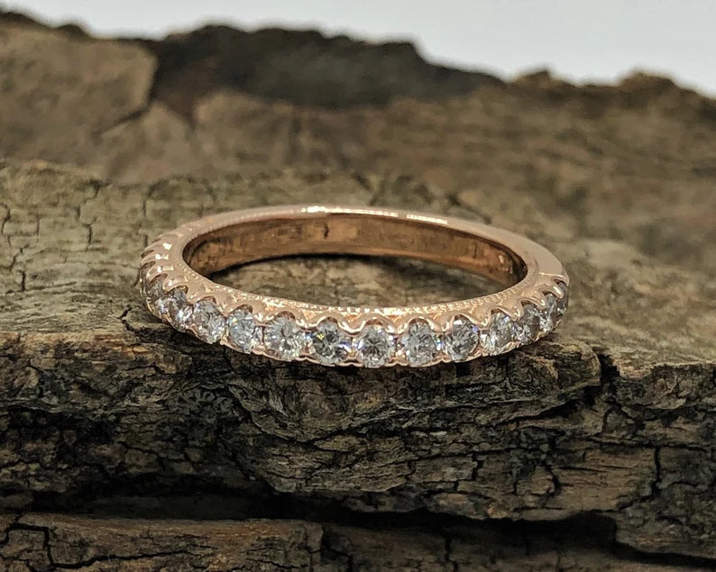 Rose Gold Wedding Band, 14k Rose Gold Diamond Band, Diamond Wedding Band, Diamond Wedding Band, Milgrain Band, Stackable Band