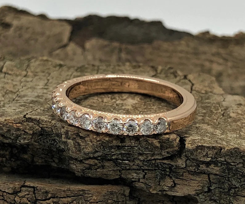 Rose Gold Wedding Band, 14k Rose Gold Diamond Band, Diamond Wedding Band, Diamond Wedding Band, Milgrain Band, Stackable Band