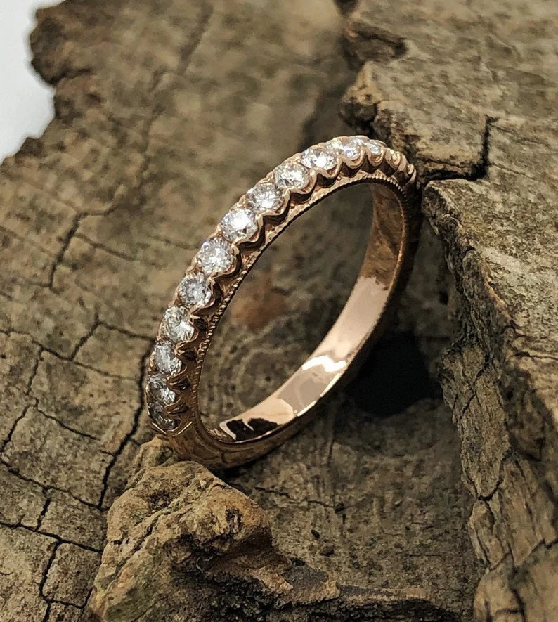 Rose Gold Wedding Band, 14k Rose Gold Diamond Band, Diamond Wedding Band, Diamond Wedding Band, Milgrain Band, Stackable Band