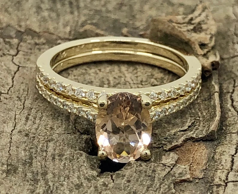 Oval Morganite Engagement Ring Yellow Gold, Oval Cut Morganite Bridal Set, Morganite Ring, Morganite Bridal Set, Diamond Wedding Set